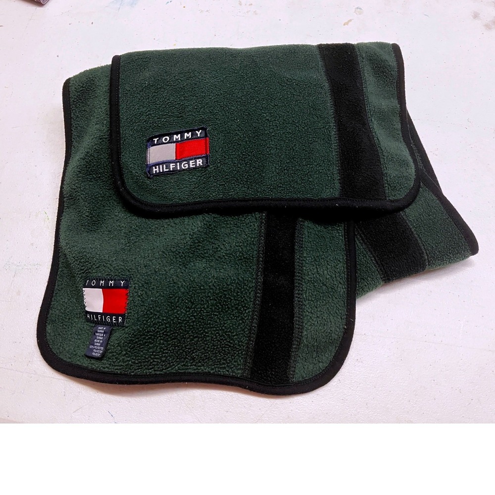 Vintage Tommy Hilfiger Fleece Scarf Green‎ Black Stripe Embroidered Flag Logo